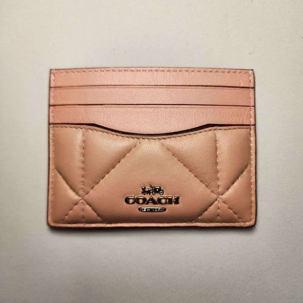NWT Coach CJ525 Slim Id Card Case With Puffy Diamond Quilting Silver Light Pink